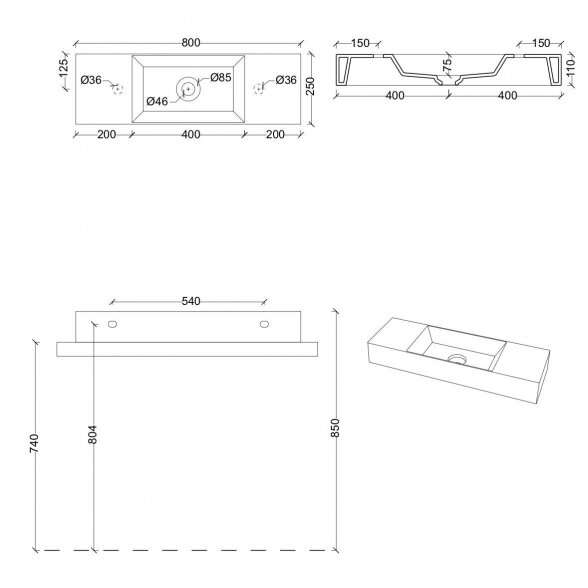 Praustuvas ALICE CERAMICA Spy 800 x 250 mm (spalvų pasirinkimas) 8