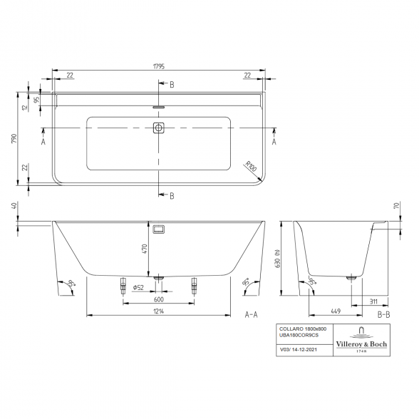 Akrilinė laisvai pastatoma vonia VILLEROY & BOSH Collaro (Gold) 790 x 1790 mm, UBA180COR9CS00VJ01 2