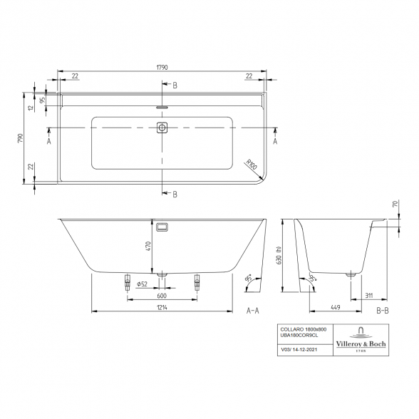 Akrilinė laisvai pastatoma vonia VILLEROY & BOSH Collaro (kairinė) 790 x 1790 mm, UBA180COR9CL00VD01 4