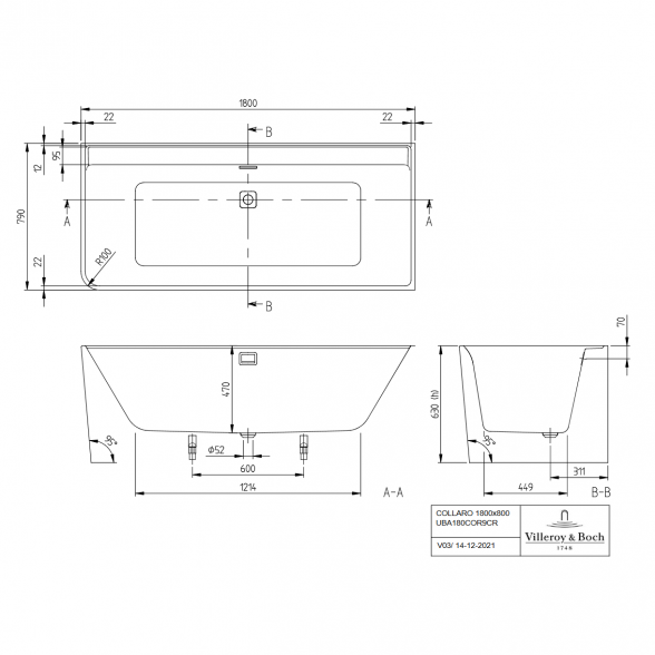 Akrilinė laisvai pastatoma vonia VILLEROY & BOSH Collaro (dešininė) 790 x 1790 mm, UBA180COR9CR00VD01 3