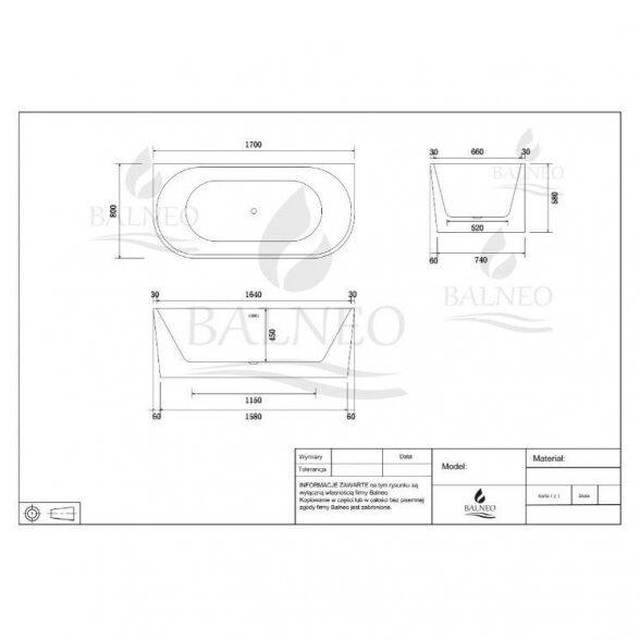 Akrilinė laisvai pastatoma vonia BALNEO Viva, 170 x 80 cm, J0101010102-3 4