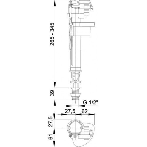 Apatinio pajungimo WC pripildymo mechanizmas ALCA PLAST, sriegis 1/2" 1