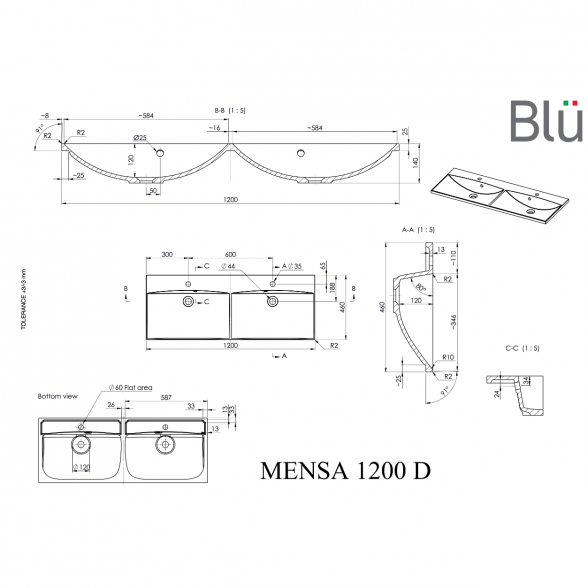 Baldinis - pakabinamas akmens masės praustuvas BLU Mensa, 1200 x 460 mm 1