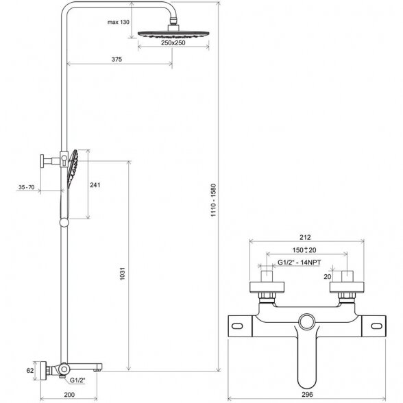 Dušo stovas RAVAK Termo 300 su termostatiniu vonios maišytuvu ir dušo komplektu, X070098 1