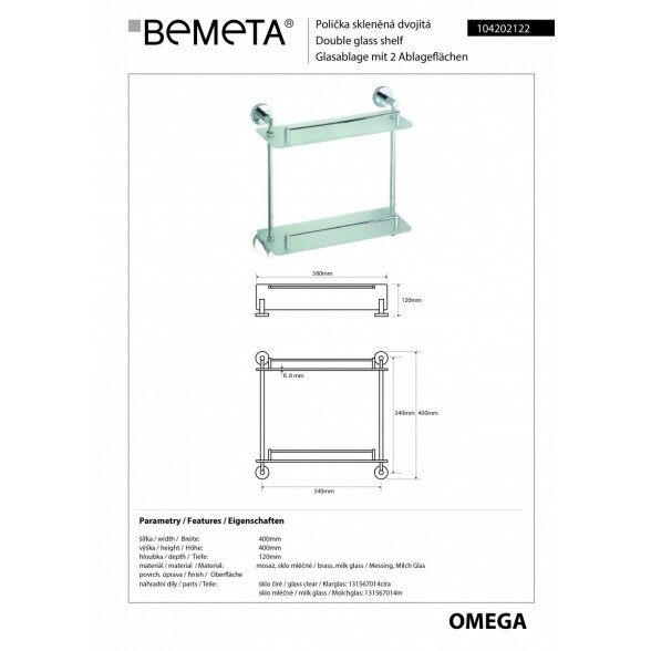 Dviejų aukštų stiklinė lentynėlė BEMETA Omega 1