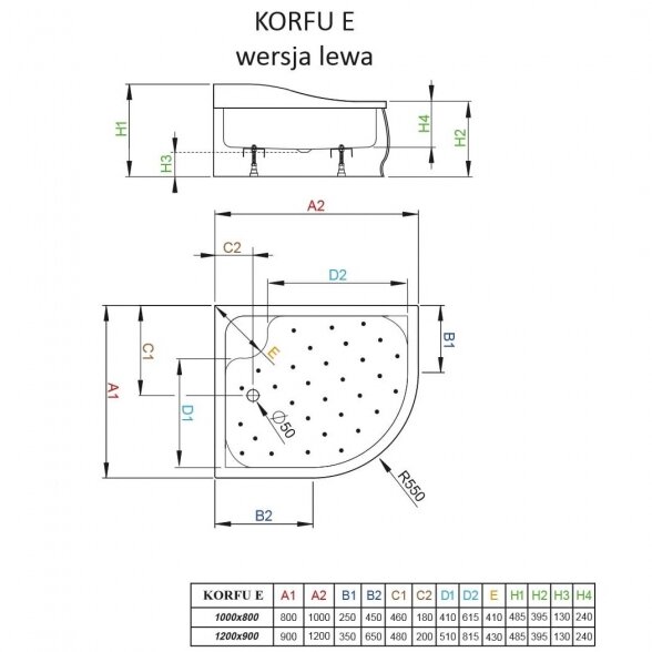 Gilus nestandartinis dušo padėklas RADAWAY Korfu E, kairinis 1