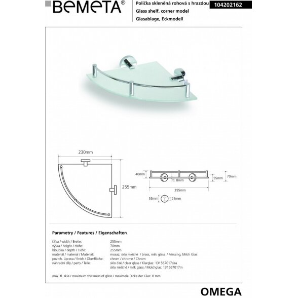 Kampinė stiklinė lentynėlė su borteliais BEMETA Omega 1