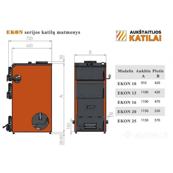 Kieto kuro katilas apatinio degimo AUKŠTAITIJOS KATILAI EKON 20 kW 2