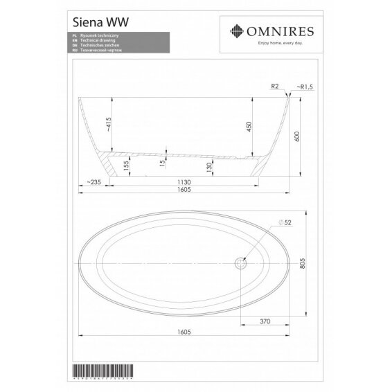 Lieto akmens vonia OMNIRES Marble+ Siena 1610 x 81 cm 5