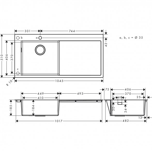 Nerūdijančio plieno plautuvė HANSGROHE 1045 x 510 mm, dešininė, 43331800 1