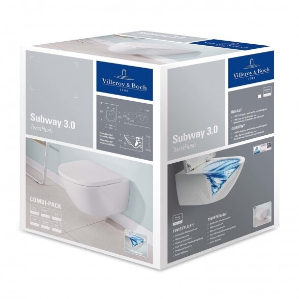 Potinkinio WC rėmo (4 in 1 Black) ir unitazo komplektas VILLEROY & BOCH Subway 3.0 Twist flush su slow close dangčiu ir ceramic plus danga 5