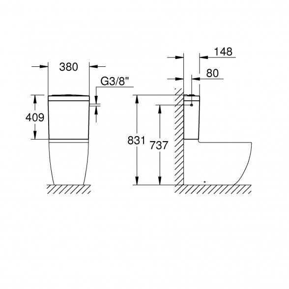 Pastatomo unitazo komplektas GROHE Bau Ceramic su softclosing dangčiu (vandens pajungimas iš apačios) 1