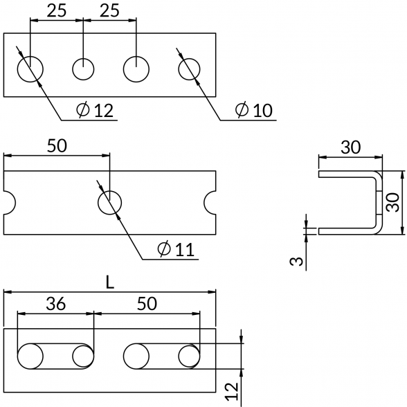 Perforuotas profilis U formos  NICZUK 30 x 30 mm / 3 mm, ilgis 2 metrai 1