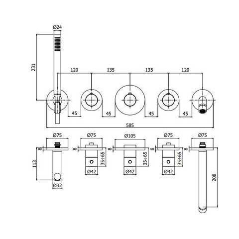 Potinkinis termostatinis vonios maišytuvas su rankiniu dušeliu ir potinkine dalimi PAFFONI Modular Box, MDBOX001+MDE001NO 2