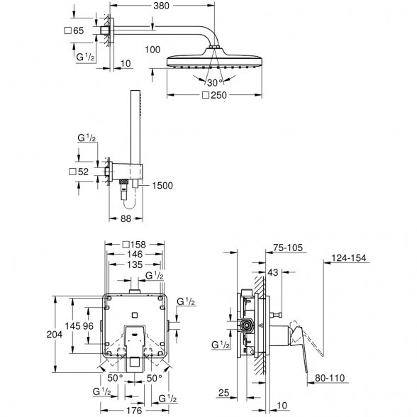 Potinkinė dušo sistema GROHE Eurocube Tempesta 250 Cube, 25239000 2