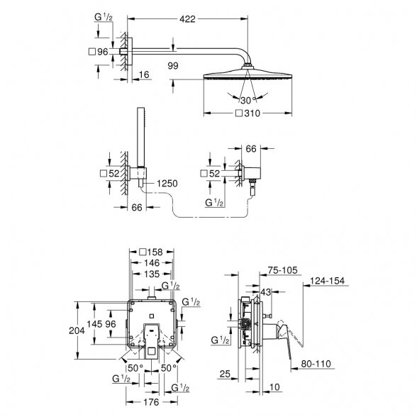 Potinkinė dušo sistema GROHE Eurocube Rainshower Mono Cube 310, 25238000 4