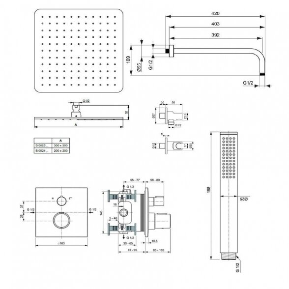 Potinkinė termostatinė dušo sistema IDEAL STANDARD Ceratherm C100, su 200 mm lietaus galva, juoda matinė, KCT20XG 8