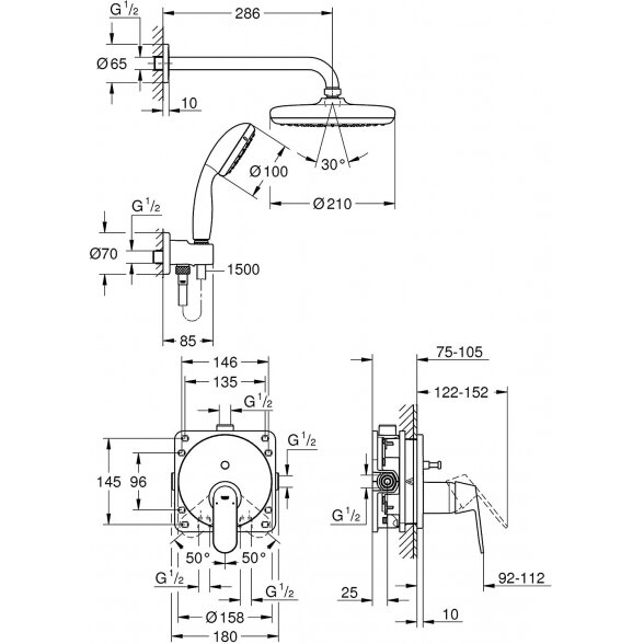 Potinkinės dušo sistemos komplektas GROHE Eurosmart Cosmopolitan 210, 25219001 1