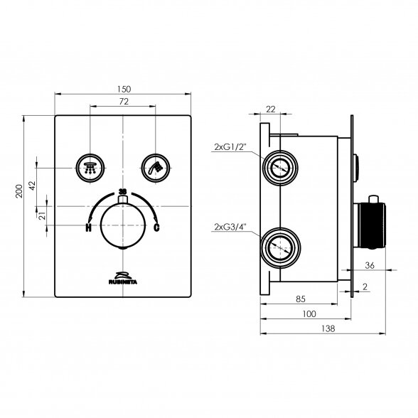 Potinkinio maišytuvo komplektas RUBINETA Thermo-2F-OLO (SQ) 10