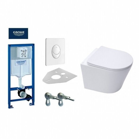 Potinkinis GROHE Rapid SL rėmo komplektas 4 in 1 su baltu mygtuku ir klozetu SAT Infinitio Compact Rimless