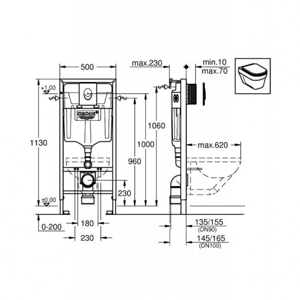 Potinkinis GROHE Rapid SL rėmo komplektas 4 in 1 su baltu mygtuku ir klozetu SAT Infinitio Compact Rimless 10