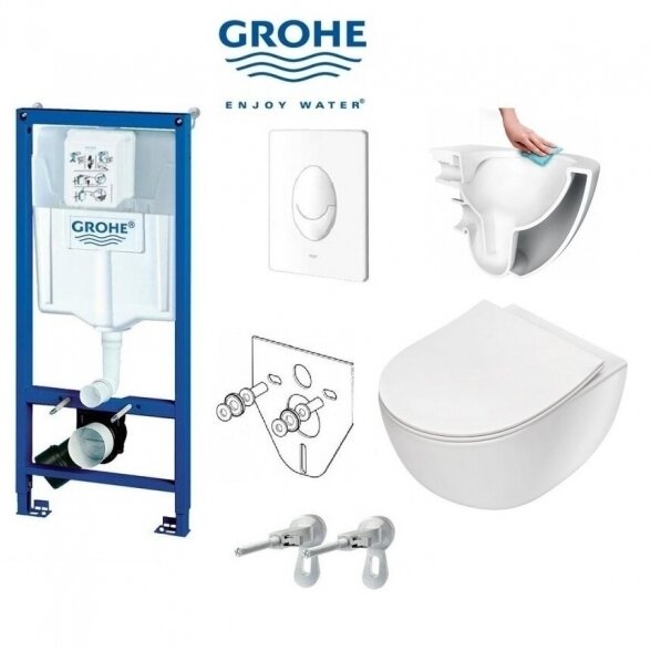 Potinkinis GROHE Rapid SL rėmas su baltu mygtuku ir klozetu DEANTE Peonia Rimless