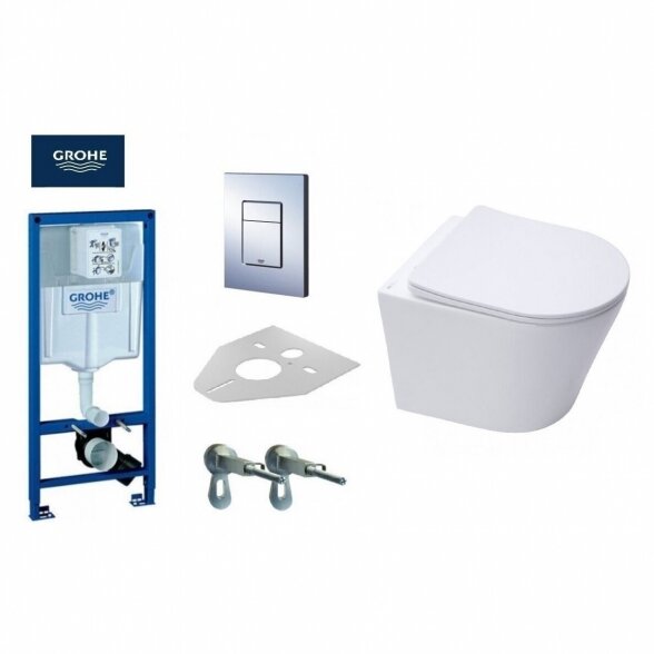 Potinkinis GROHE Rapid SL rėmas su chromuotu mygtuku ir klozetu SAT Infinitio Compact Rimless