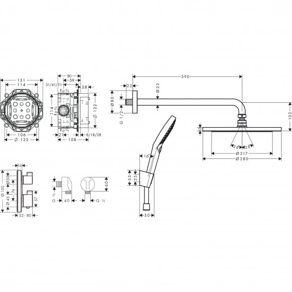 Potinkinis termostatinis dušo 4 in 1 komplektas HANSGROHE Croma 280, 27954000 6