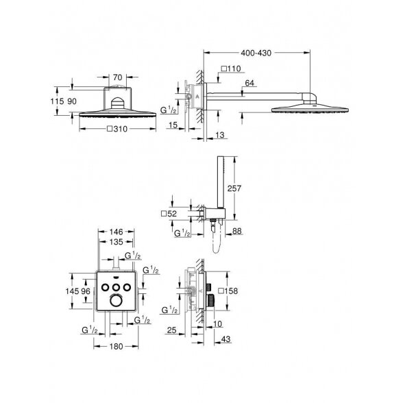 Potinkinis termostatinis dušo komplektas GROHE Grohtherm SmartControl, phantom black Nr. 2 14