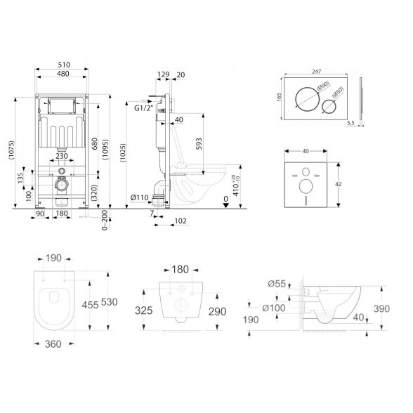 Potinkinis universalus unitazo (WC) rėmo komplektas EU (4 in 1) + pakabinamas unitazas EU Round W3 Rimless su slim Soft Close dangčiu 6