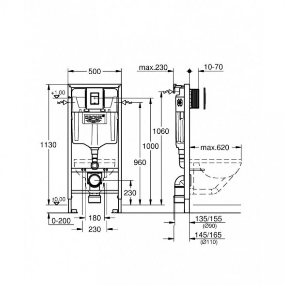 Potinkinio WC rėmo GROHE Solido su juodu mygtuku Even + VILLEROY & BOCH Subway 2.0 pakabinamo unitazo komplektas (6 in 1) 5