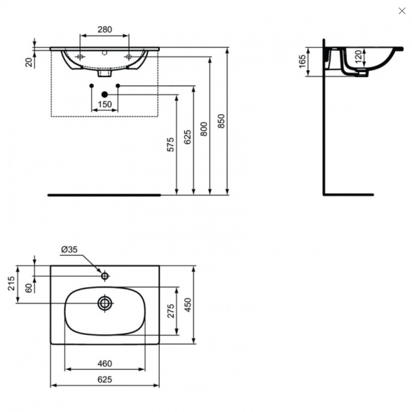 Praustuvas montuojamas ant spintelės IDEAL STANDARD Tesi, juodas matinis 63 cm,  T3510V3 3