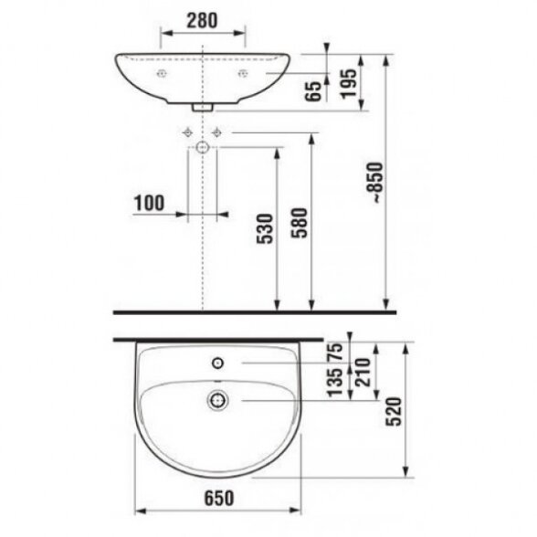 Praustuvas pakabinamas JIKA Lyra Plus, 650 x 520 mm, (maišytuvo anga centre) 1