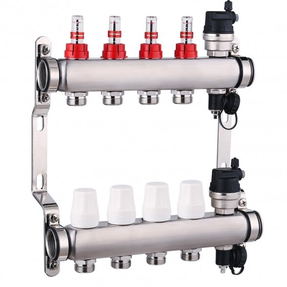 Reguliuojamas grindinio šildymo nerūdijančio plieno kolektorius IVAR 2 žiedų su srauto matuokliais (su automatiniais nuorintojais)