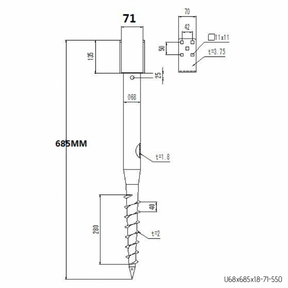 Sraigtinis įsukamas polius su plokštele U70 (100) x 800 mm 2