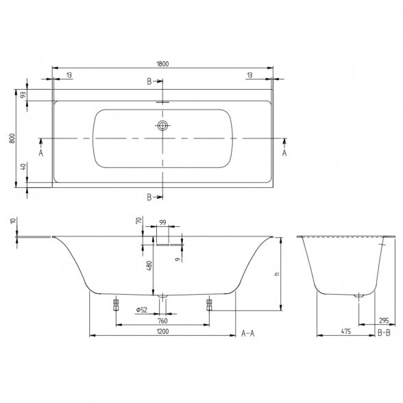 Stačiakampė vonia su tyliu sifonu VILLEROY & BOSH Subway 3.0 iš Quaryl medžiagos 800 x 1800 mm 4