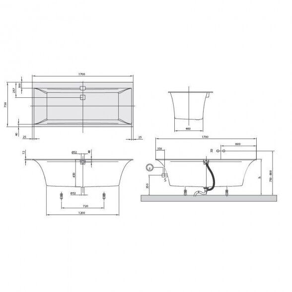 Stačiakampė vonia VILLEROY & BOSH Squaro Edge 12 Duo 750 x 1700 mm 2