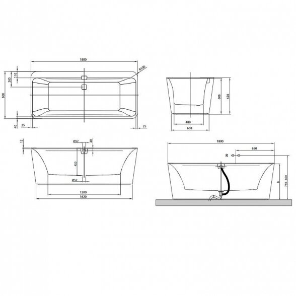 Stačiakampė vonia VILLEROY & BOSH Squaro Edge 12 Duo 800 x 1800 mm 2