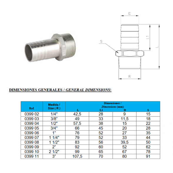 Štuceris žarnai nerūdijančio plieno 15 mm x 1/2" išorė 1