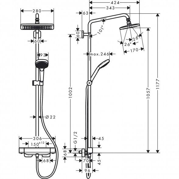 Termostatinė lietaus dušo sistema HANSGROHE Croma E Showerpipe 280 1 jet, 27630000 5