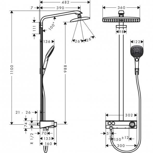 Termostatinė lietaus dušo sistema HANSGROHE Raindance E Showerpipe 360 1jet, 27288400 2