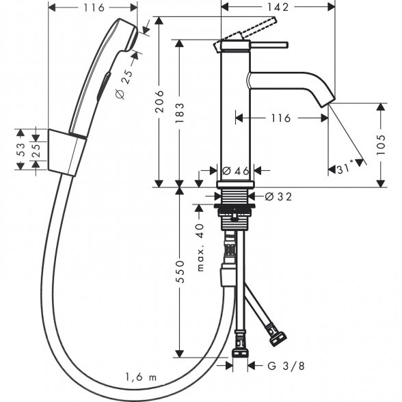 Maišytuvas praustuvui su rankiniu dušeliu HANSGROHE Tecturis S, 73211670 1