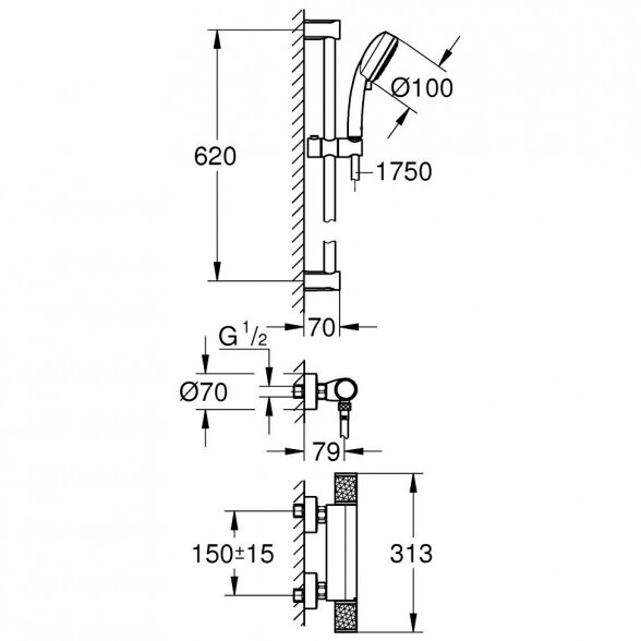 Termostatinis maišytuvas dušui su dušo stovu 62 cm GROHE Grohtherm 1000 Performance, 34834000 8