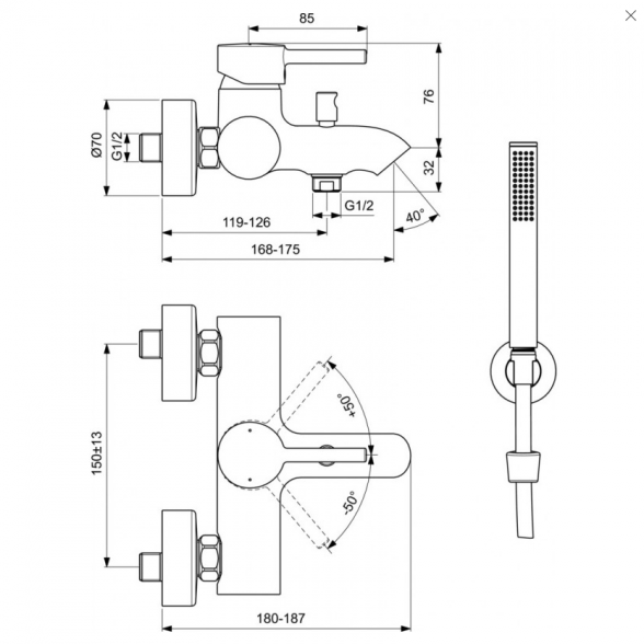 Vonios maišytuvo komplektas IDEAL STANDARD Cerline, juodas-matinis, BC270XG 3