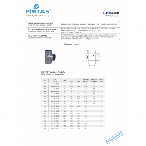 Trišakis PVC-U PİMTAŞ 110 x 90° (PN16) 1