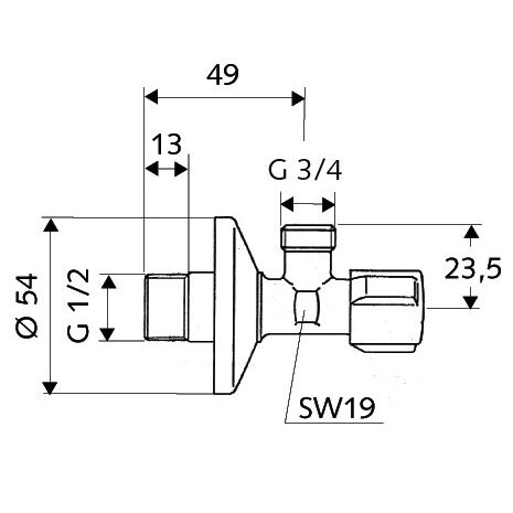 Ventilis kampinis chromuotas skalbimo mašinai 1/2" x 3/4" SCHELL 1