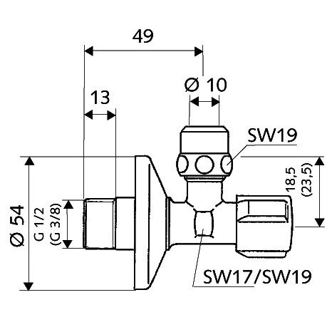 Ventilis kampinis chromuotas 1/2" x 3/8" SCHELL 1