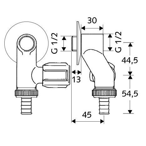 Ventilis kampinis chromuotas skalbimo mašinai SCHELL 1/2" x 3/4" 1