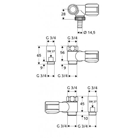 Ventilis kampinis chromuotas skalbimo mašinai SCHELL 3/4" x 3/4" - 56 mm 1