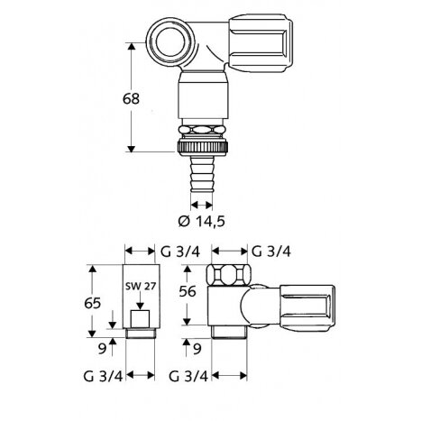 Ventilis kampinis chromuotas skalbimo mašinai SCHELL 3/4" x 3/4" - 56 mm 1